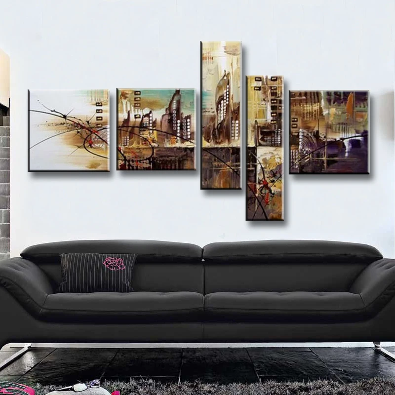 Ročno Poslikano Moderno mesto na Platno Umetnosti black line Povzetek Oljna slika Steno Doma Sedel Soba Dekoracijo 5 kos/set