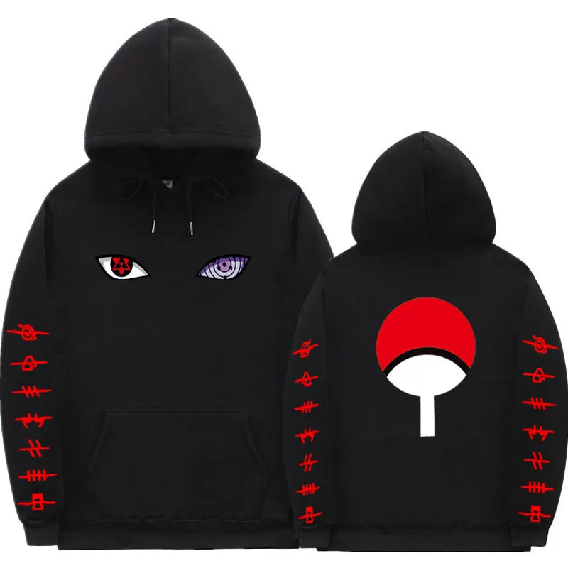 Japonski ulične Harajuku Hoodies Naruto Uchiha Uzumaki Oči Tiskanje Puloverju Majica Hip Hop Ulične Črn pulover s kapuco