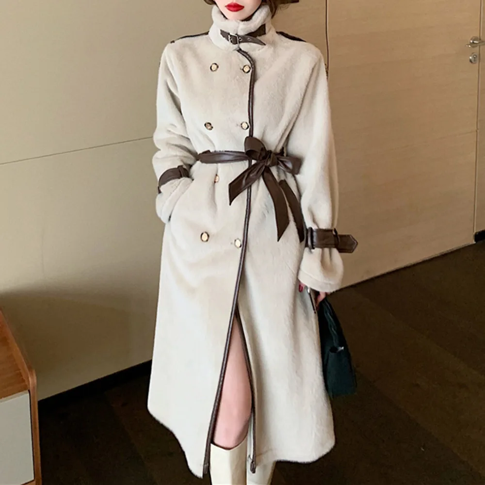 Korejska Različica Japonski Zimske Jakne Za Ženske Modni Elegantno Vroče Prodaje Preplete Mink Pasu Ouble Zapenjanje Dolg Rokav