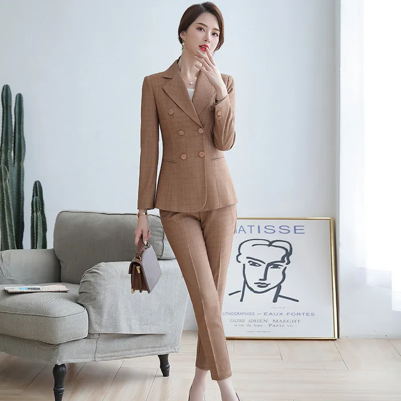 Ženske obleka za ženske kariran dvojno zapenjanje bo ustrezala 2 delni set jopič hlače za ženske ženski hlačni kostim priložnostne formalno poslovno rabo