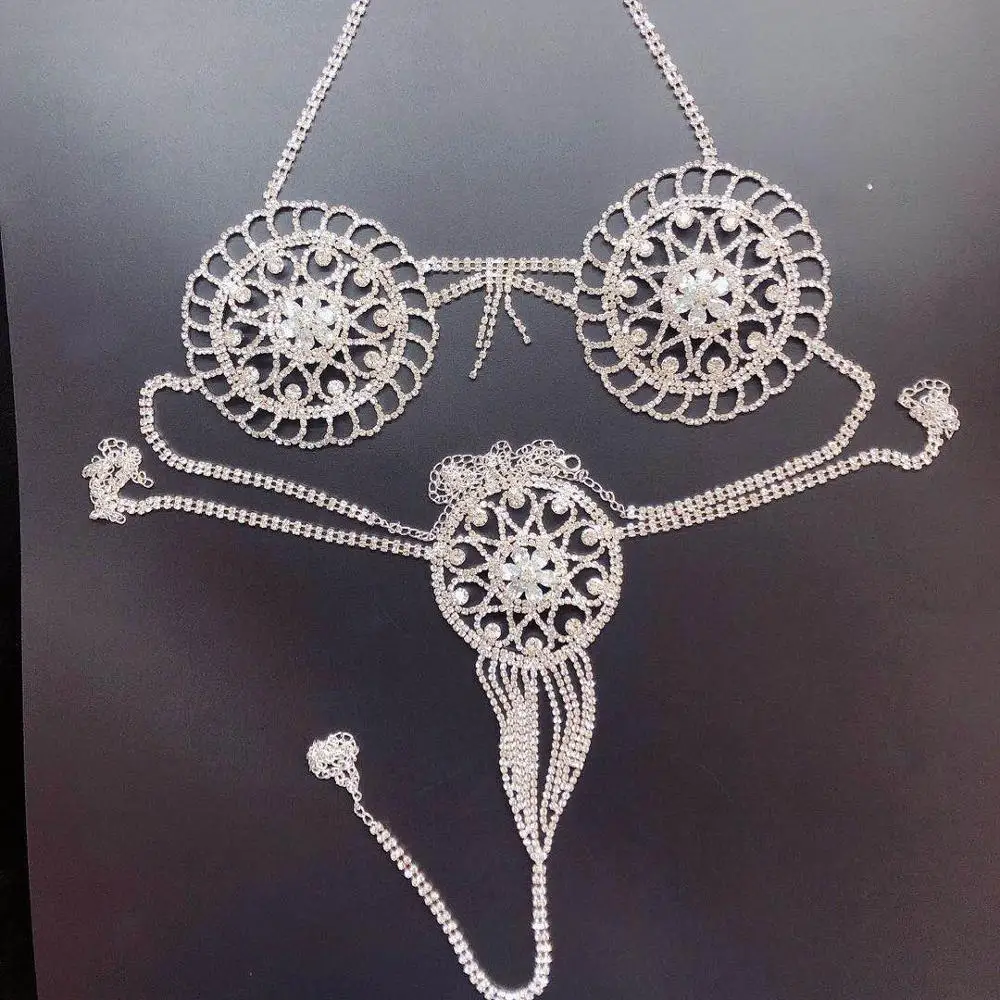 Seksi žensk Nosorogovo modrček in tangice geometrijske votlih iz kroga svetleči kristali, nakit telo, obleko, plaža, bikini dodatki