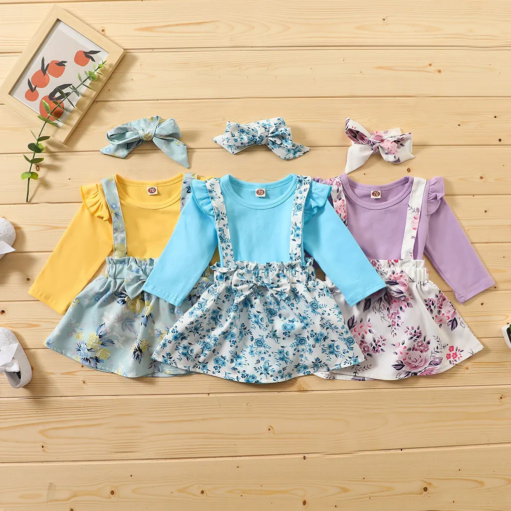 Newborn Baby Dekle Set Oblačila z Dolgimi Rokavi Romper Bodysuit+cvetlični Suspender Krilo Nastavite Obleke Kostumi Za Dekleta Ropa Niña