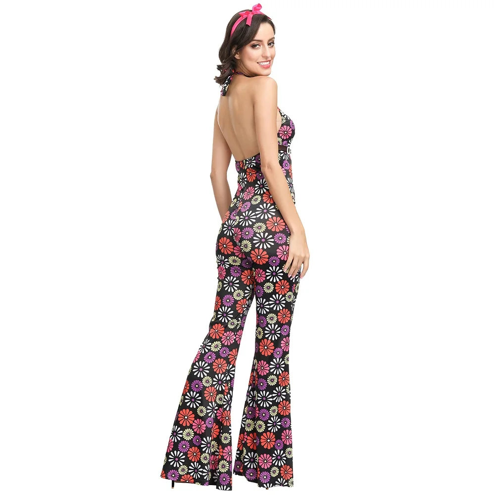 Macacao Halloween ženske jumpsuit 2019 cvjetnim tiskanja povodcem backless oblačila retro 70-ih disco dance party bar kažejo hipi kostum