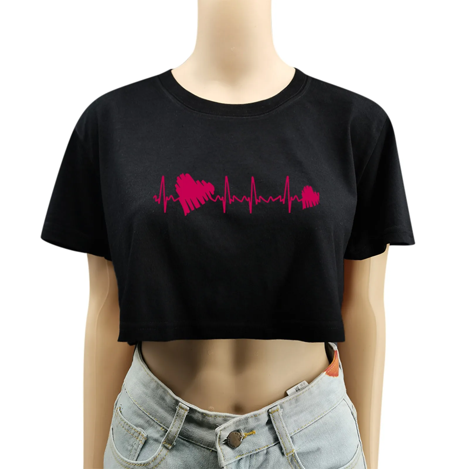 25# Ženske T-shirt Dame Black T-shirt Krog Vratu Kratek Rokav Rastlinske Roza Cardiogram Tisk Svoboden Kratka majica s kratkimi rokavi Ženske 2020 Топ