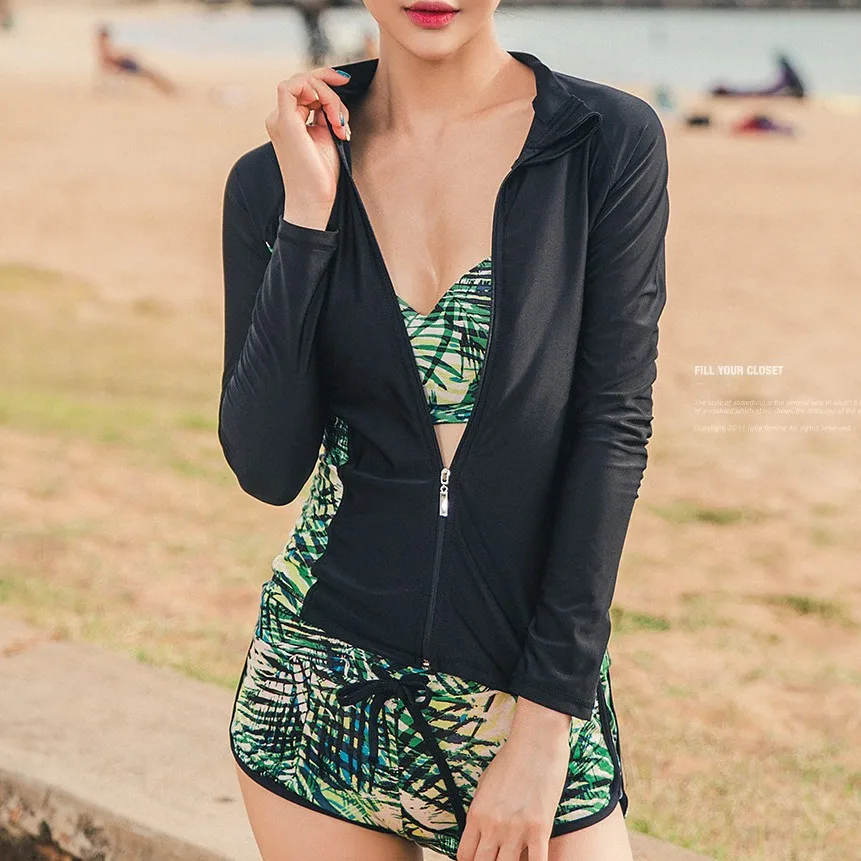 Ženska Izpuščaj Stražar 3-delni Set Dolgimi Rokavi, Zadrgo Majica Globoko se Potopite Plavanje Obleke Tankini Sun UV Plažo Plavalni Kostimi