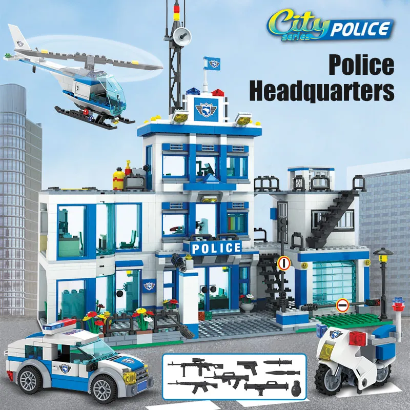 1215PCS City Policijska Postaja Sedežu Diy Helikopter gradniki Avto Številke Opeke Igrače za Otroke, Fantje Darilo