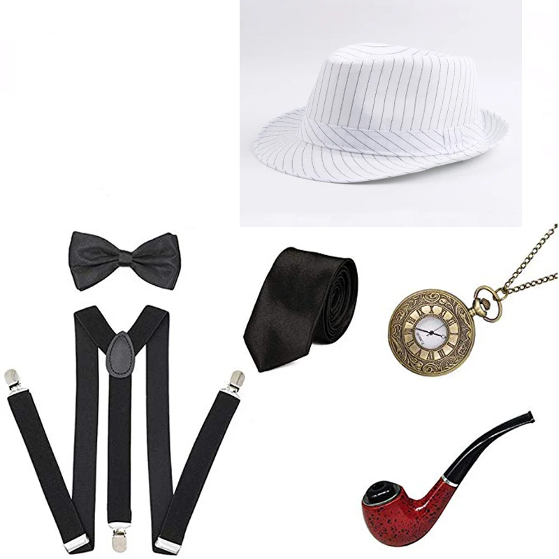 1920 Mens Gatsby Gangster Dodatki Set Panamski Klobuk Suspender Lok Kravato Moda Pazi 30s Kostume za dodatno Opremo