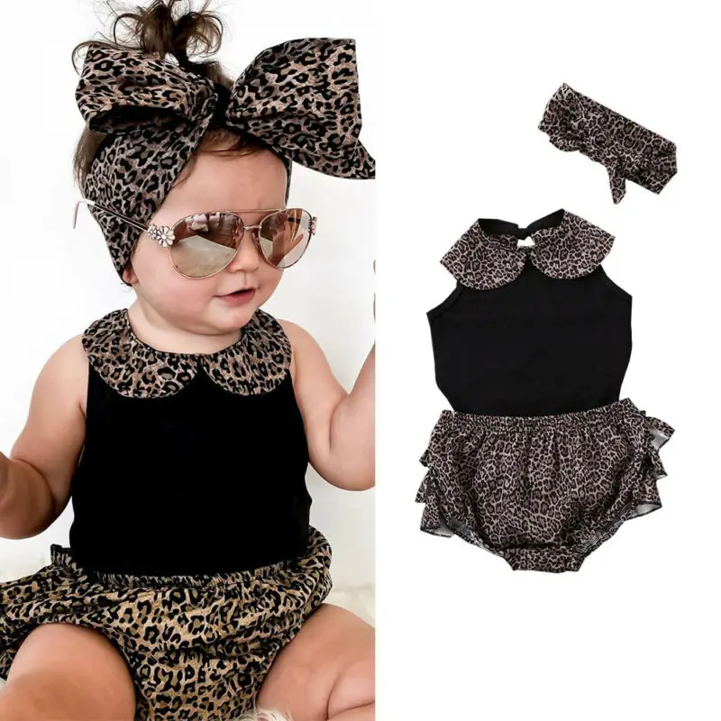 Leopard Novo Poletje Moda Malčka Otrok Baby Dekleta Bodysuits Vrhovi+Hlače, Obleke Glavo Otrok Grils Oblačila, Ki