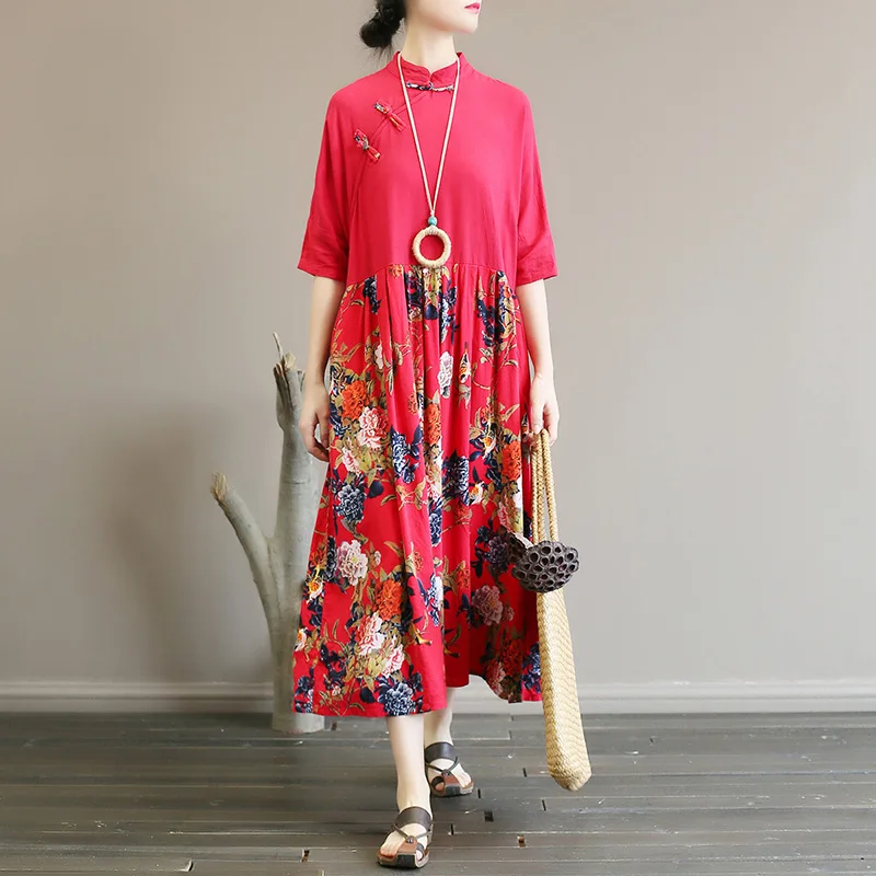 Original Kitajski slog sponke obleko razrezana z barvnim bombaž konoplja ohlapno krilo velikosti