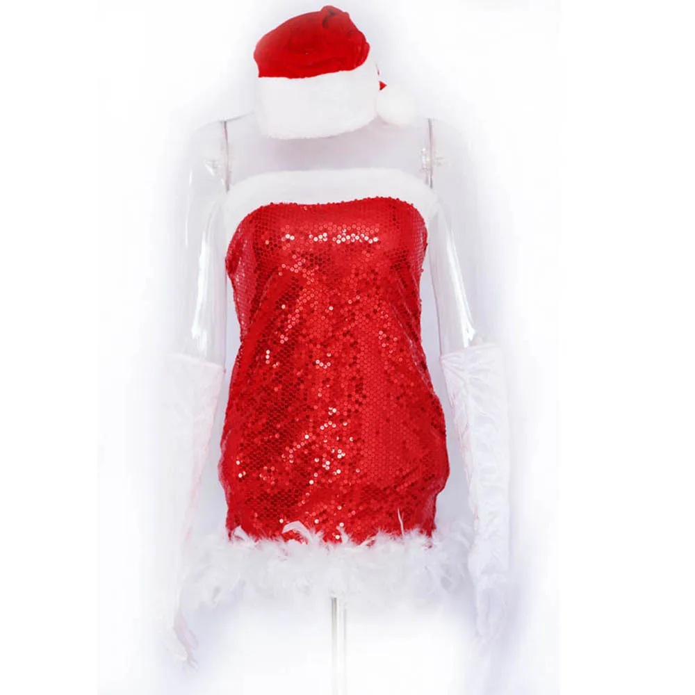 Moda brez naramnic Mini Božič Obleko Seksi Žensk Božiček Kostum Plišastih Toplo Fancy Sequins Obleka Ženske Obleke Božič