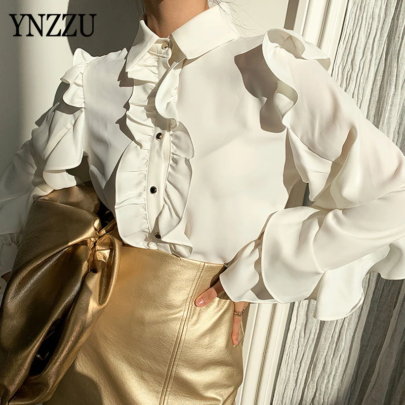 Urad ženske Bele Ruffles bluzo 2021 Pomlad Poletje Nova zasnova znižuj ovratnik Elegantno Srajco Vrhovi srajca Moda YNZZU 1T025