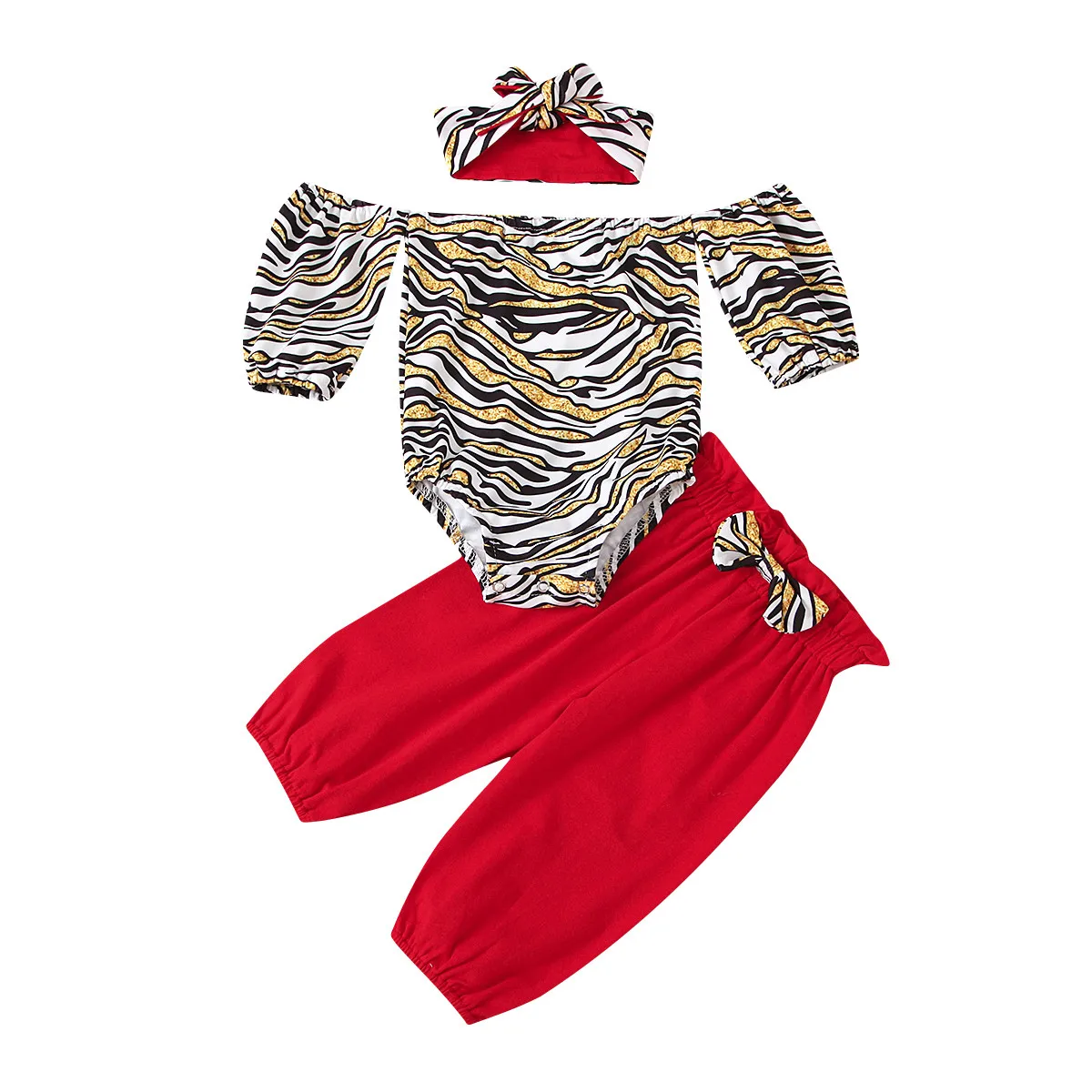0-24M Moda Baby Dekle Oblačila Zlati Leopard Tiskanja Dolg Rokav Romper Vrh+Rdeče Hlače+Lok Glavo Pomlad Otroci Obleke 3pcs