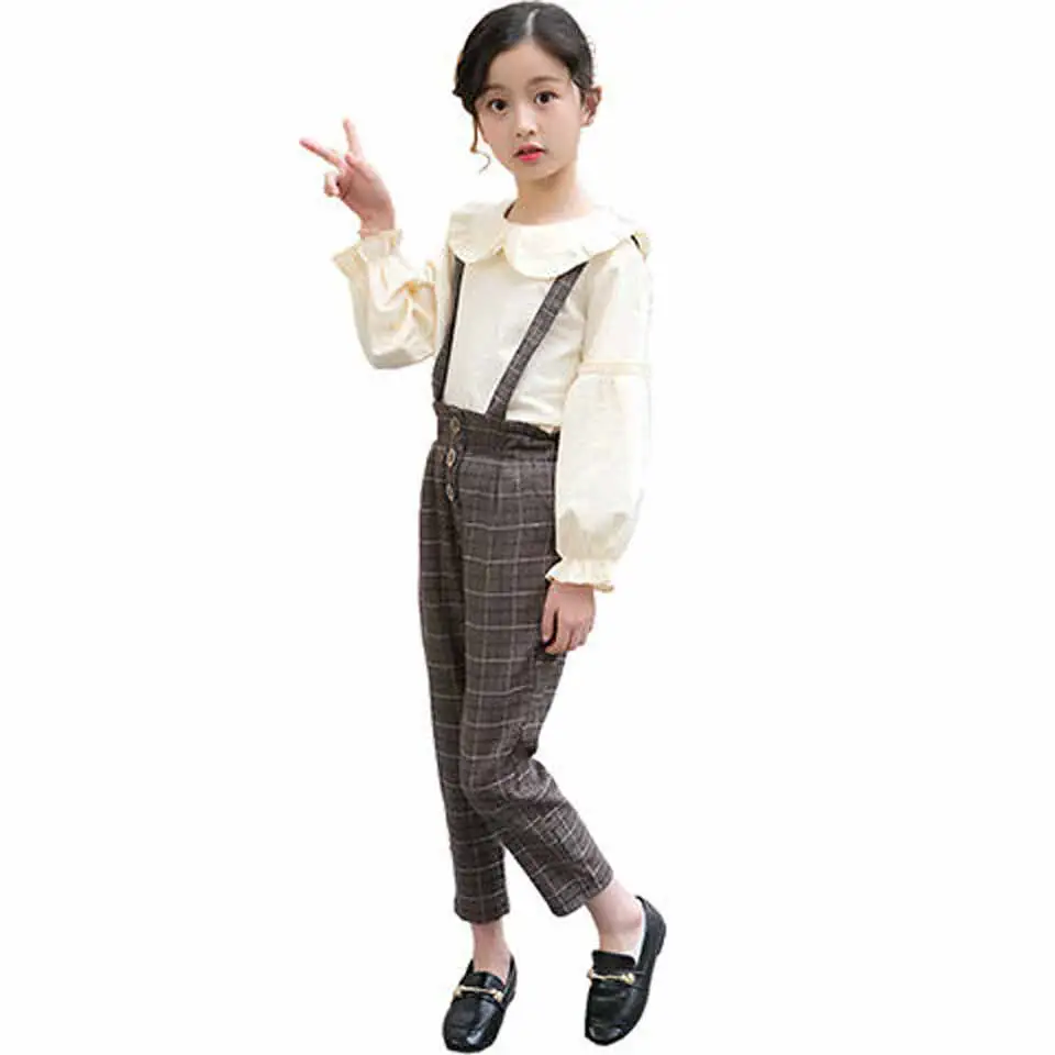2019 Pomlad Jesen Dekleta Priložnostne Bib Hlače Obleko korejski Otroci, Otroci Dolg Rokav T-shirt + Kariran Suspender Hlače 2 Kosa Obleko