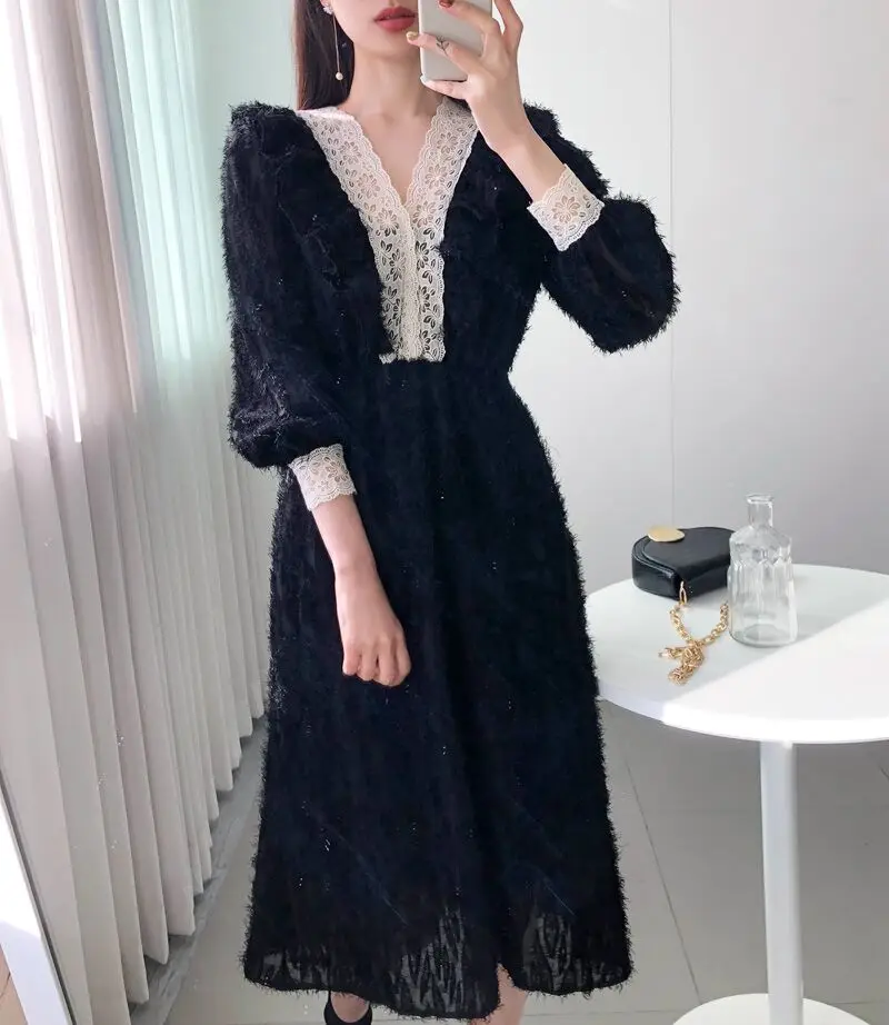 Vintage Eleganten V-neck Ženske Dolga Obleka 2021 Spomladi Jeseni Poln Rokav Čipke Mozaik Ženske Obleke Vestidos