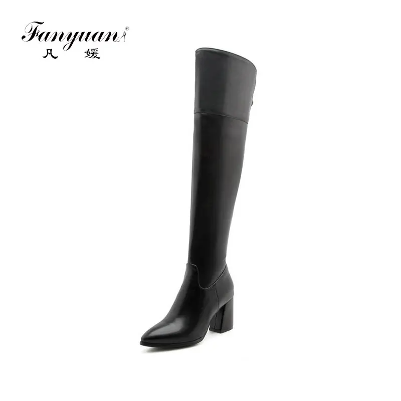 Fanyuan 2019 pozimi PU usnja, ženska, čevlji sponke, čez kolena visoki škornji navaden bela črna visoko peto overknee ženske škornji