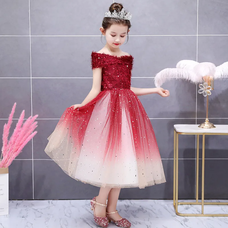 2019Summer Razkošje Nove Otroke, Dekleta Shoulderless Sequined Vino-rdeče Rojstni dan, Poročno zabavo Puhasto Obleko Otroci Modela Kažejo Obleke