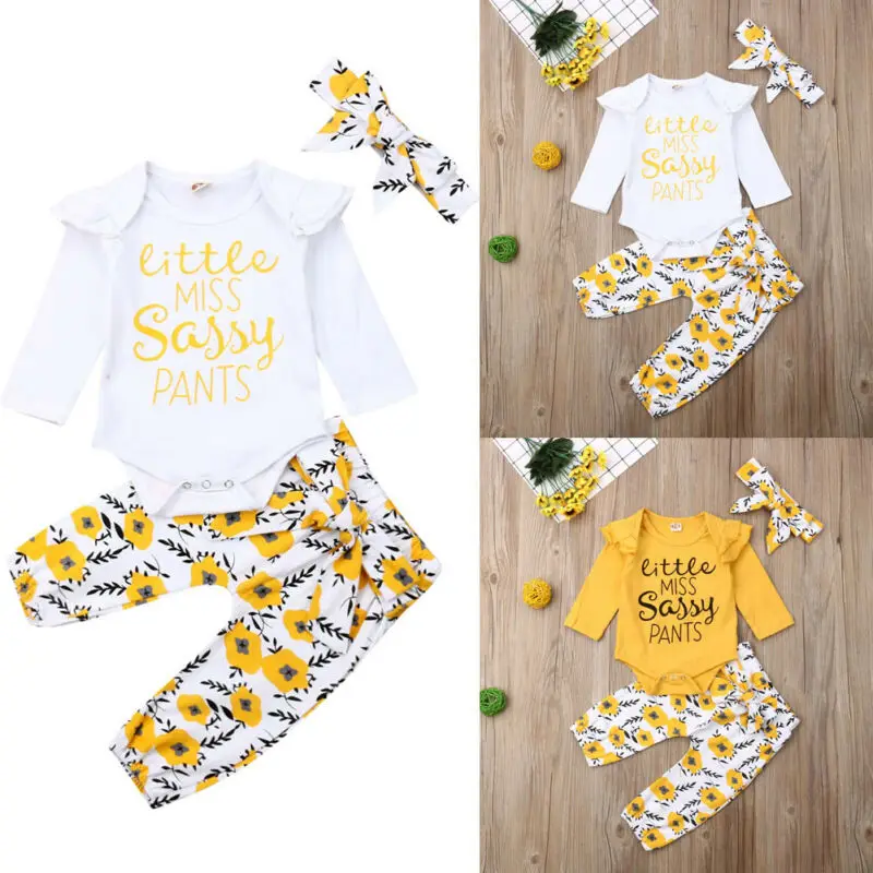 Baby Dekle Cvetlični Oblačila, ki 3Pcs Novorojenega Dojenčka Dekleta Ruffle Long Sleeve Zgornji del + Hlače + Glavo Obleke 0-24 Mesecev