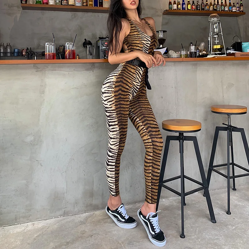 Moda Ulične Tiger vzorec tiskanja Jumpsuits Ženske Seksi Romper Seksi Votlih Out Cross Povoj slim Jumpsuit Ženski