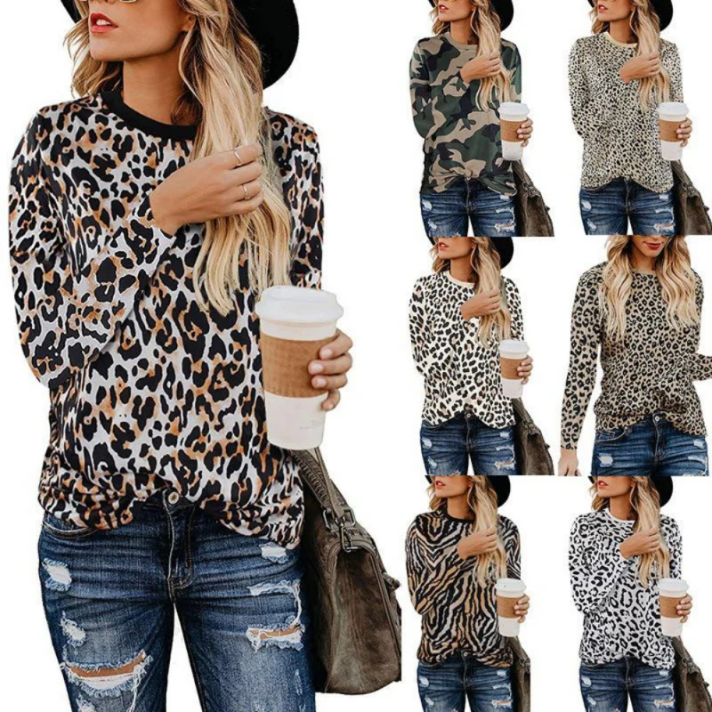 Ženske Leopard Print majica s kratkimi rokavi Krog Vratu Dolgo sleeved Svoboden Priložnostne Moda Tee Majica NAS Skladišče