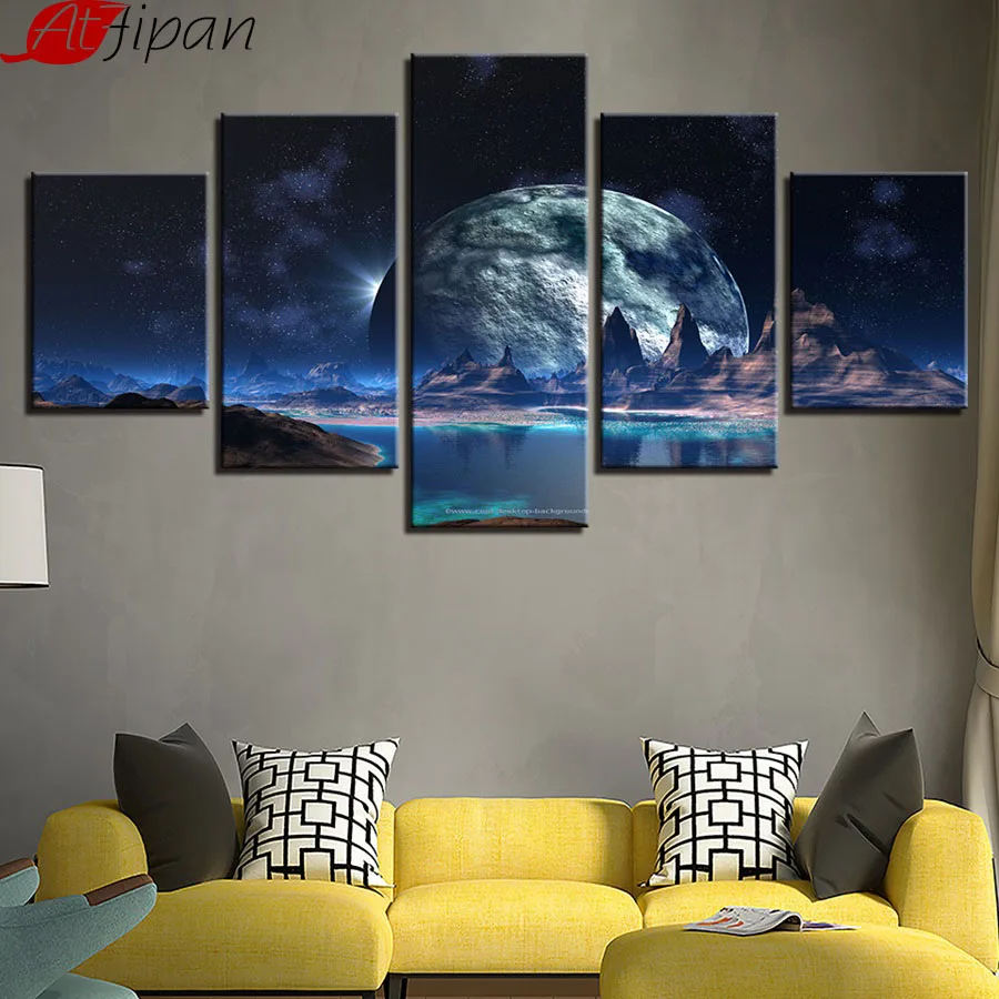 AtFipan Platna, Plakati, Doma Dekor Wall Art 5 Kosov Lunar Zvezdnato Nebo Gorsko Jezero Slike Luna Abstraktne Slike Okvir