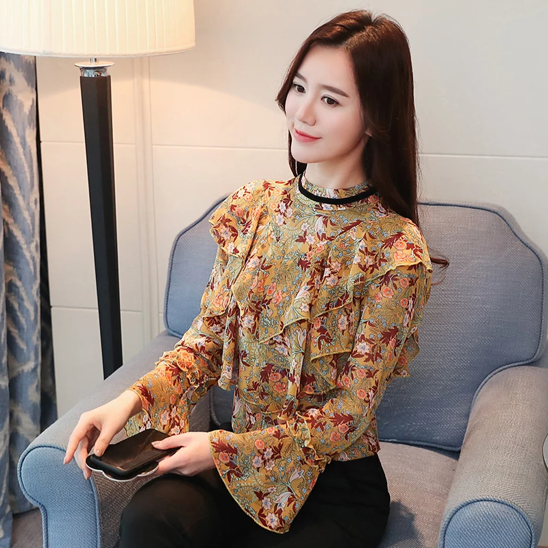 2019 novo pomlad ženske bluze bluze z dolgimi rokavi priložnostne moda sladko ženske oblačila cvetlični o-vratu šifon srajce D516 30
