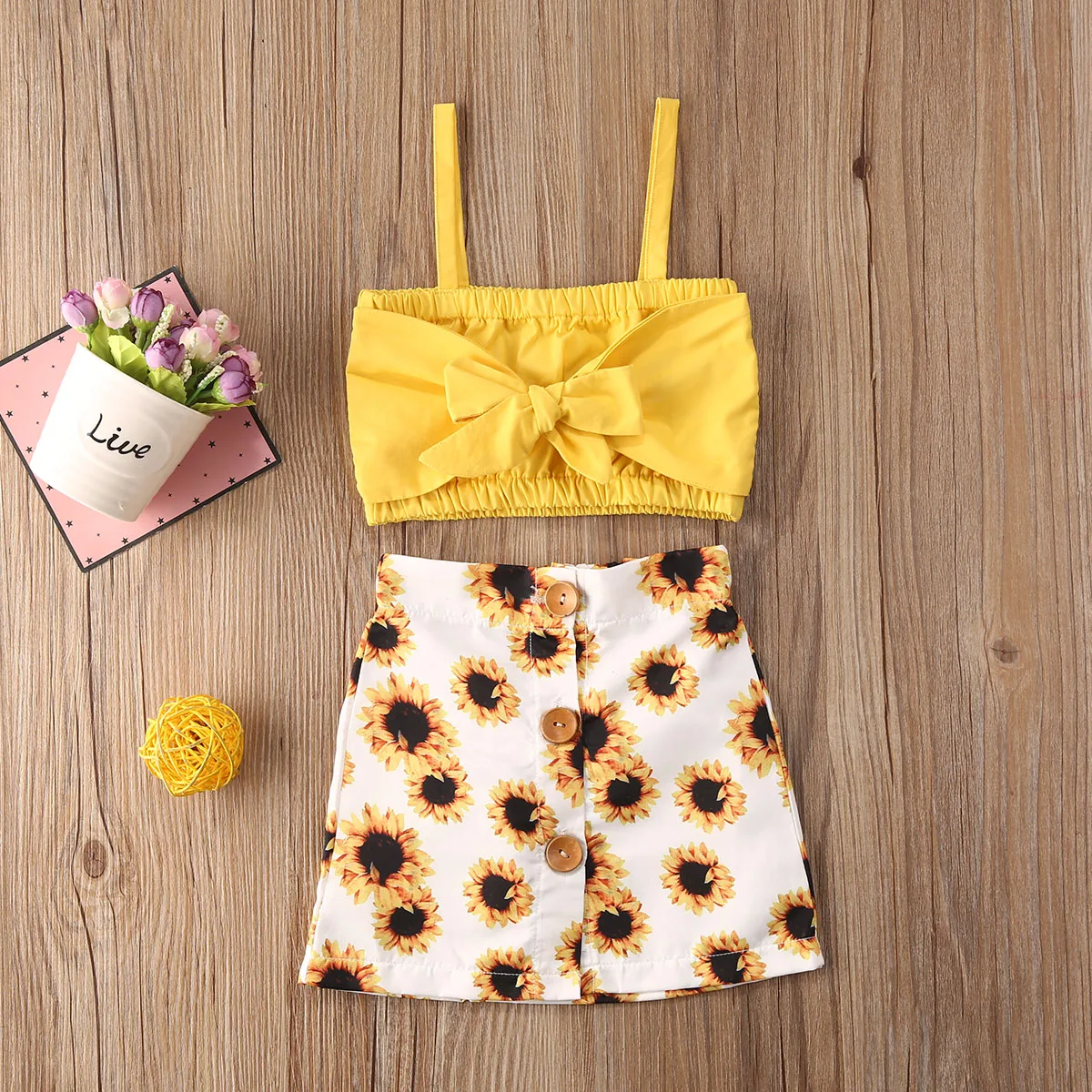 2020 Baby Dekleta poletje Cvetlični Oblačila, ki Otroke brez Rokavov rumena bowknot crop Tops Sončnično gumb krilo 2 kos Obleke