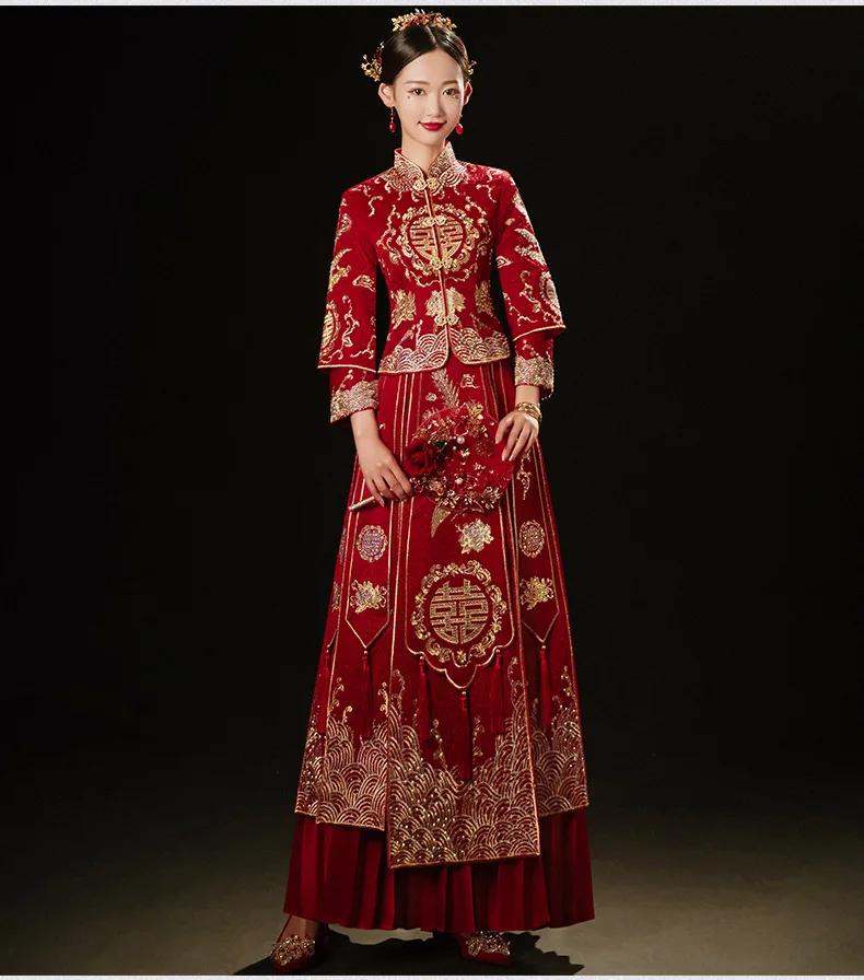 Krasen svetlo rdeči diamanti vezenje stojalo ovratnik 3/4 rokavi kitajski retro nevesta večerno obleko xiuhe shop online kitajska