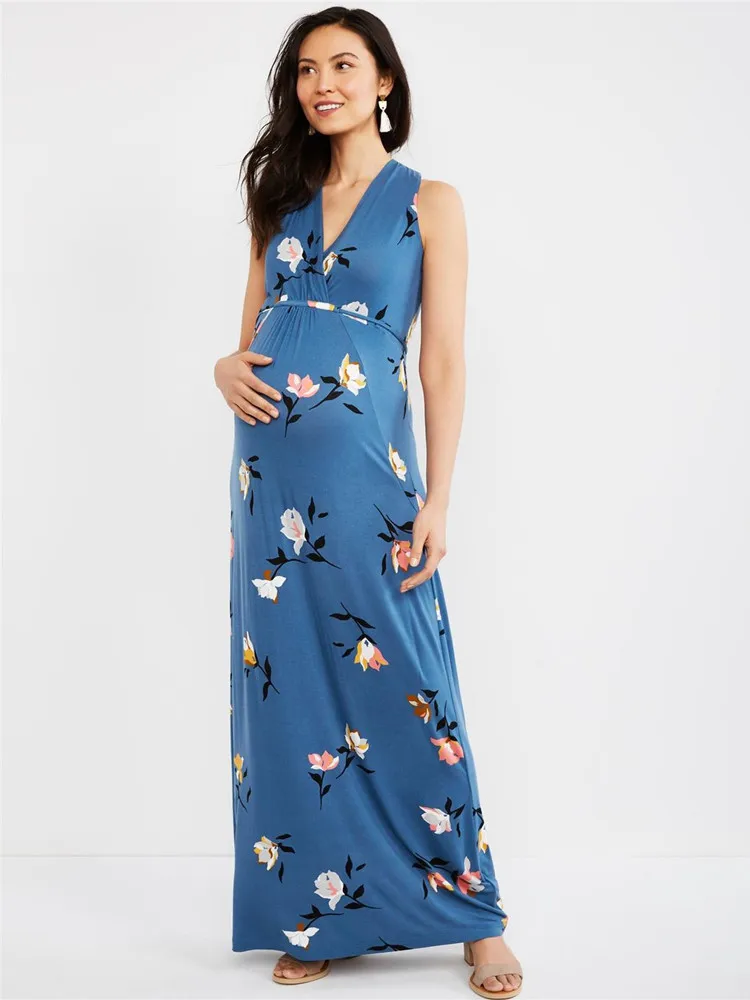 Nosečnost &Porodniškega Clothings Seksi noseča obleko 2020 poletje nova mama elastična tesen natisnjena V-vratu Tiskanja Porodniškega dolgo obleko