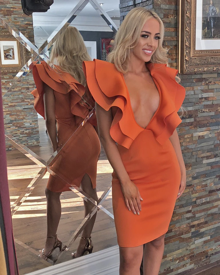 Vzletno-Pristajalne Steze Modni Brvi Fashion Sexy V Vratu Oranžna Ruffles Ženske Povoj Obleko 2020 Modni Oblikovalec Nočni Klub Stranka Obleko Vestido