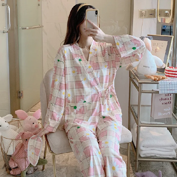 Seksi Tiskanja Cvet Kimono Kopalne Obleke 2PCS Pižamo Nastavite Proti-Vrat Rajon Sleepwear Lady Pižame bo Ustrezala Svoboden Pomlad Nov Dom Oblačila