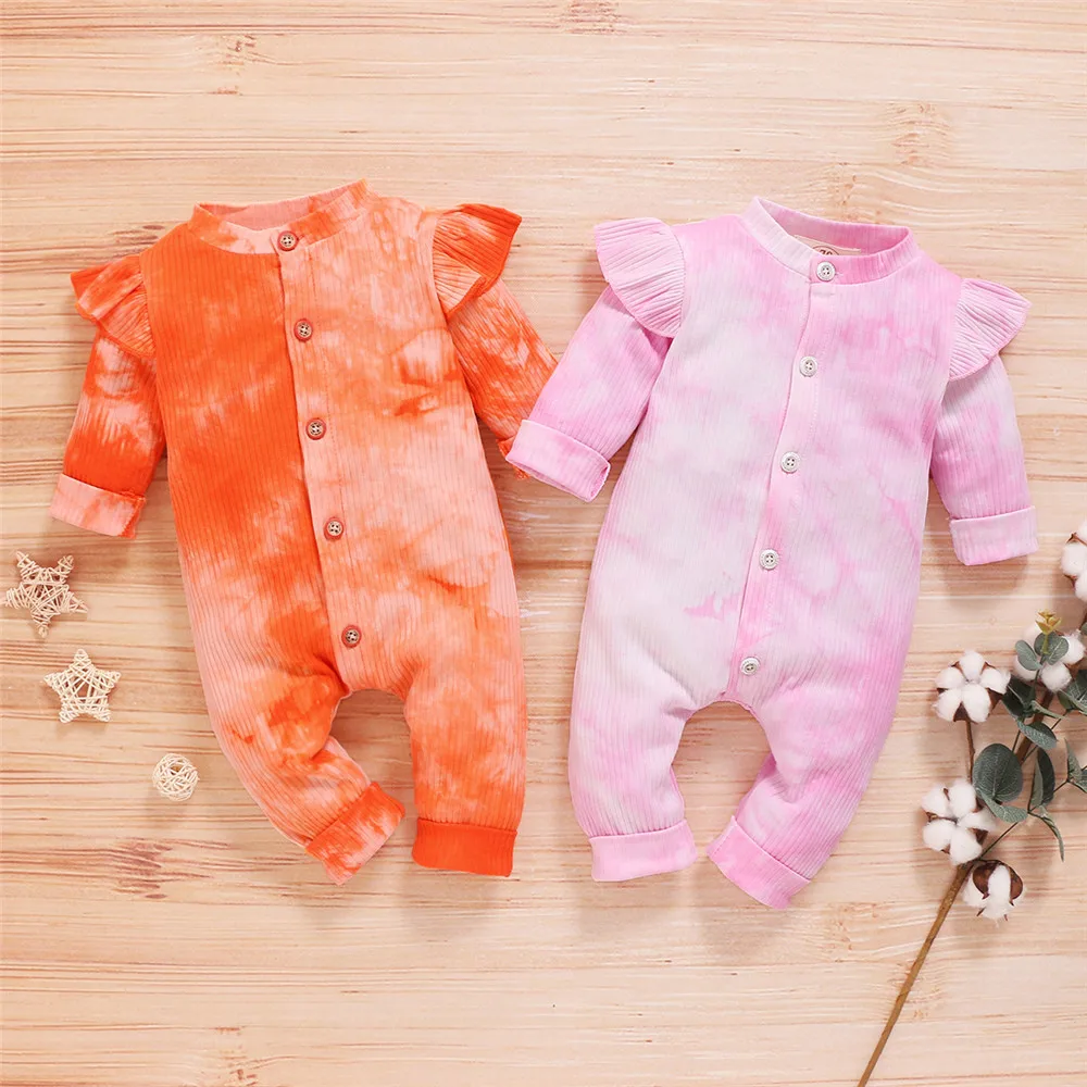 0-18 M Novorojenega dojenčka Jeseni Romper Baby Girl ' s Long Sleeve Tie-dye Pletene Jumpsuit Pomlad Enotni-zapenjanje Dolgo Enem Kosu