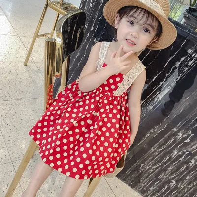 Poletje nov modni srčkan korejska različica 3-7 let baby dekle otrok čipke telovnik polka dot čipke zanko princesa obleko
