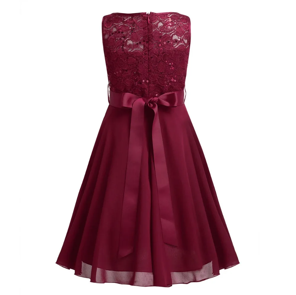 Princesa poletje obleko sequined traku rdeče čipke beaded šifon cvet dekle poročno obleko rojstni prom oblačenja