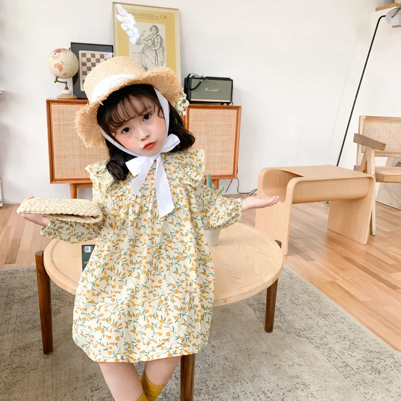 2020 Pomlad Nov Prihod Deklice Dolg Rokav Bombaž Obleko Otroci Baby Dekleta Oblačenja Princesa Obleko Dekleta Priložnostne Cvetlični Ovratnik Obleke