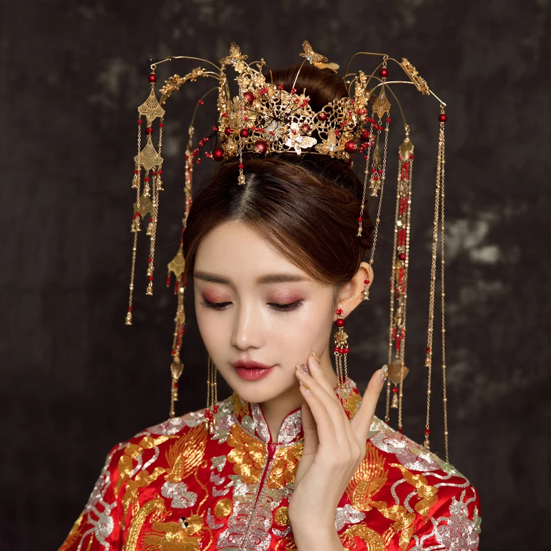 HIMSTORY Kitajski Retro Poročne Pokrivala Ročno Zlato Dolgo Tassel Phoenix Coronet Poročne Poročni Nakit, Pribor za Lase