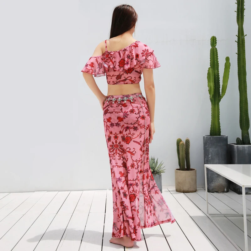 2019 Ženske Dancewear Trebuh Ples, Oblačila Cvetlični Kostum Nastavite Enega Kosa Obleko z Bowknot