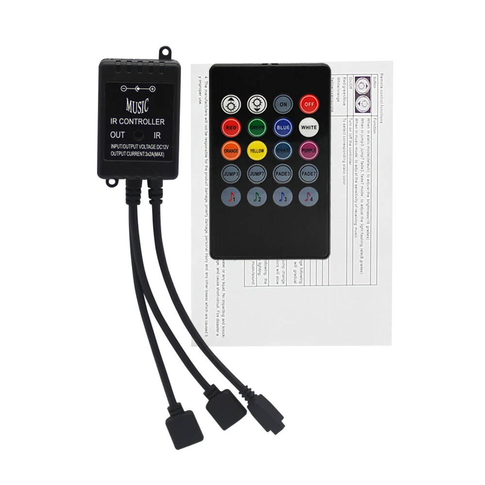 20 Ključni Glasbe IR Krmilnik Black Zvok Senzor Remote Za RGB LED Trakove DC 12 Led Krmilnik za Povezavo Z 2 Led Trakovi