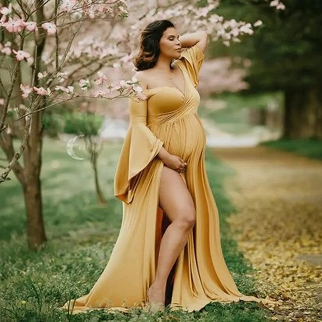2020 Novo Porodniškega Fotografija Rekviziti Obleko Art Foto Obleko Pregnants Fotografija Off Ramenski Dolg Rokav Porodniškega Trdno Obleko