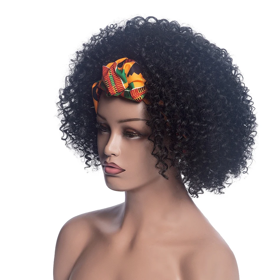 GAKA Black Sintetičnih Kodraste Lasulje Headwrap 2 V 1 Afro Zaviti Lasuljo za Ženske Toplotno Odporen Turban Afriške Kratke Glavo, Šal Las Lasuljo