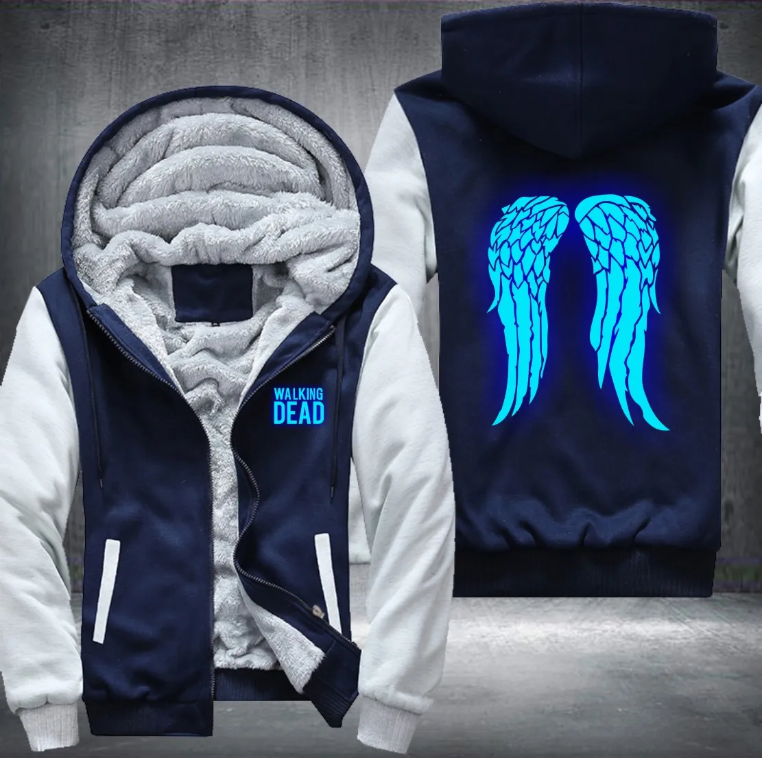 Novo Walking Dead Svetlobna moder pulover s kapuco Zombi Daryl Dixon Krila Zimski Flis Mens Sweatshirts ZDA Velikost
