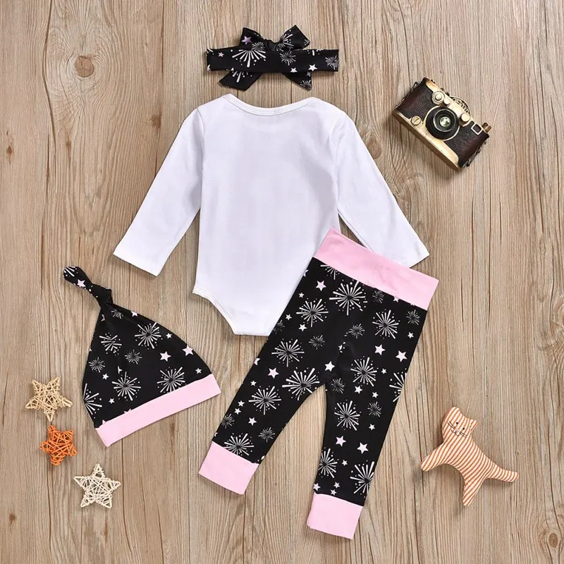 Newborn Baby Girl Obleke Komplet za Malčke Bombaž Pismo Tiskanja Playsuit Romper+Hlače+Klobuk+Glavo 4Pcs Baby Dekle Oblačila